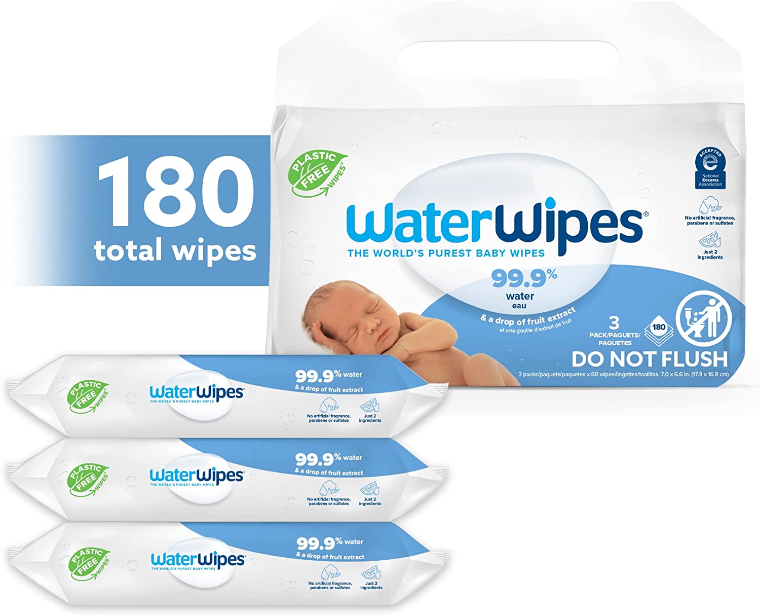 WaterWipes Plastic-Free Original Baby Wipes， 99.9% Water Based Wipes， Unscented & Hypoallergenic for Sensitive Skin， 720 Count (Pack of 12)， Packaging May Vary - Image 2